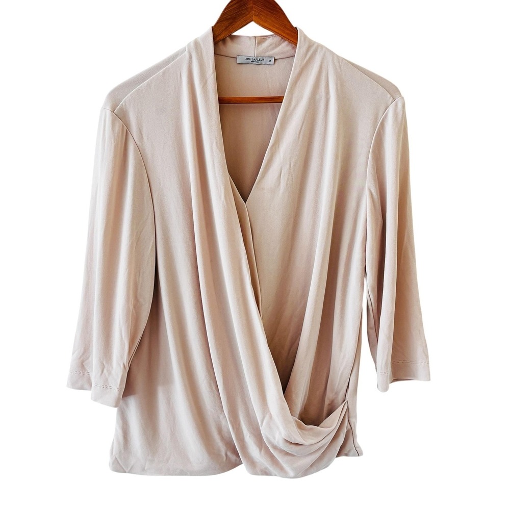 MM.LaFleur Deneuve Faux Wrap Top Womens 2 Beige Surplice 3/4 Sleeve Office